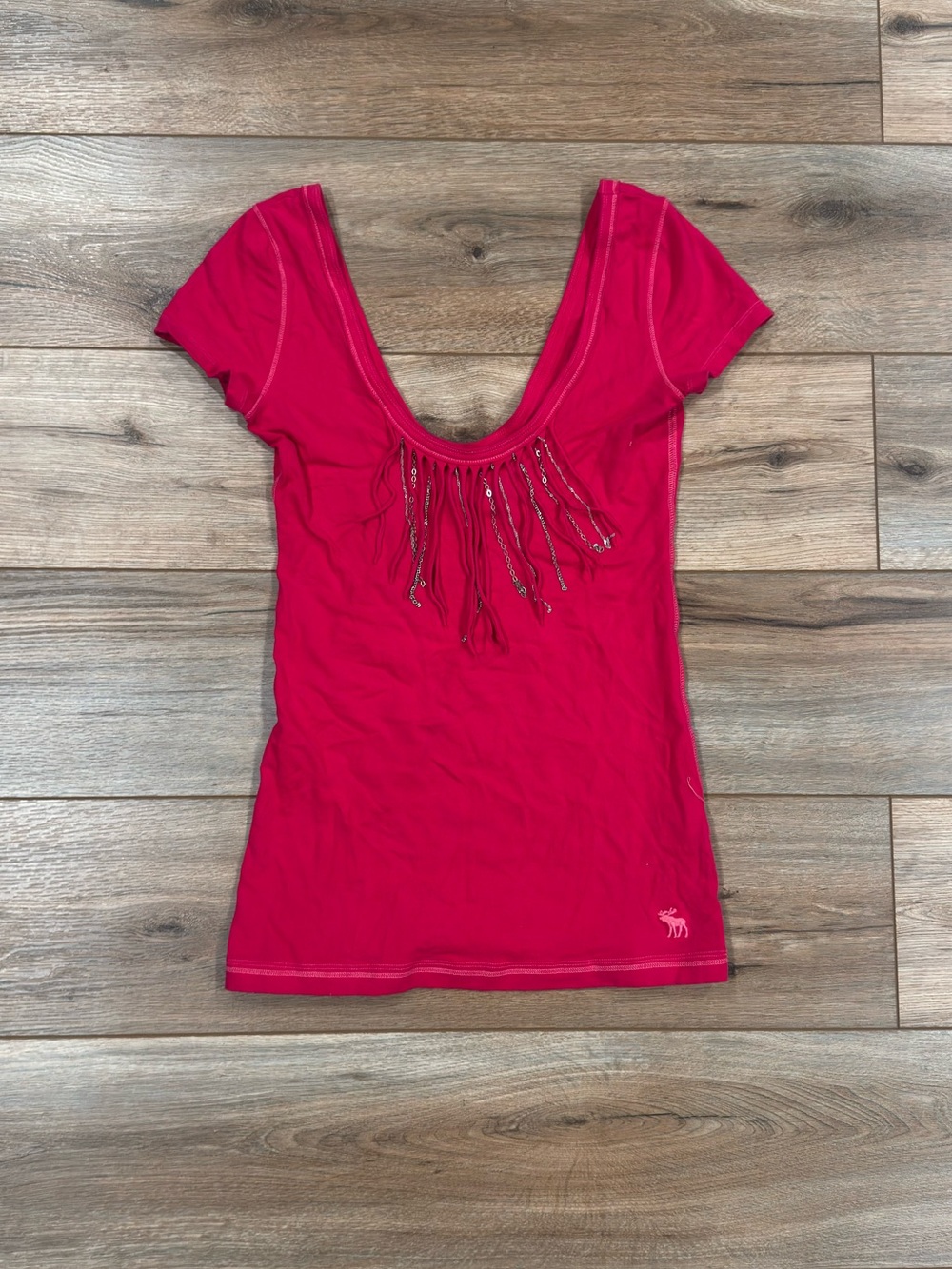 ABERCROMBIE Vintage 2000s Y2k  Pink Fringe Scoop Neck Baby Tee | Size Medium
